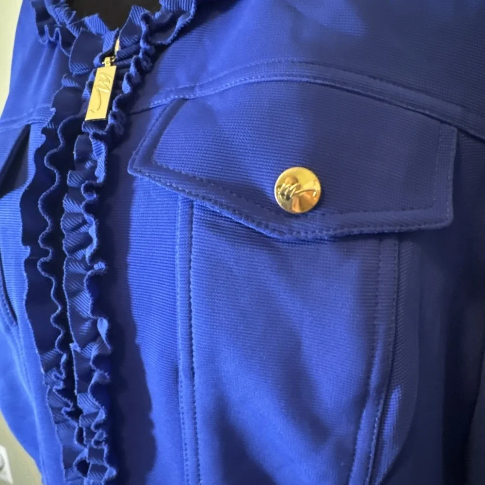 Midnight Velvet Brand Blue Ruffled Jacket Gold‎ Accents Pockets Women's Size 12